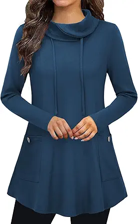 Bulotus Fall Sweaters for Women 2025 Cowl Neck Asymmetrical Long Tunics for Leggings Vacation Travel Tops with Pockets