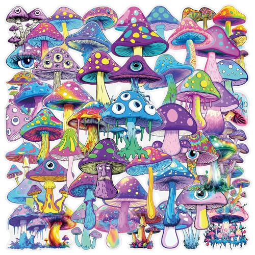 Image of 50 Pcs Mushroom Holographic Stickers for Teens- Transparent Waterproof PET Stickers for Journal, Phone Case, Cup, Laptop, Scrapbook- Ins Aesthetic Scrapbook Decorations
