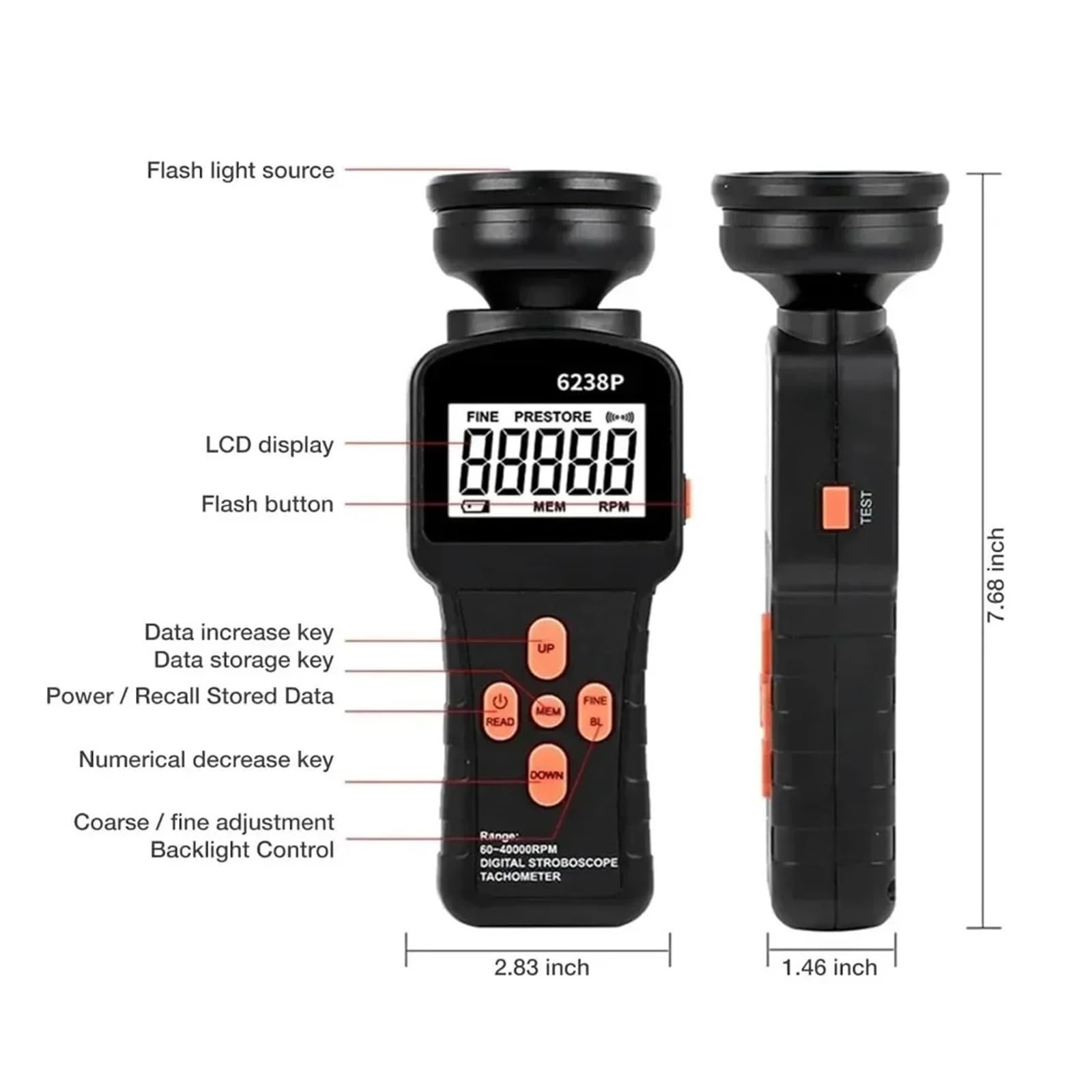 Cyfrowy obrotomierz stroboskopowy LCD bezdotykowy Flash fotoelektryczny miernik rewolucji 60-39999 obr./min Tester prędkościomierza Obserwacja w czasie rzeczywistym