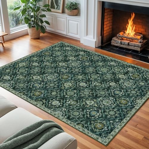 KILOCOCO 8x10 Area Rug, Moroccan Super Soft Washable Living Room Vintage Floral Rug, Non-Slip Large Print Faux Wool Throw Indoor Rug for Playroom Bedroom Office Carpet, Dark Green