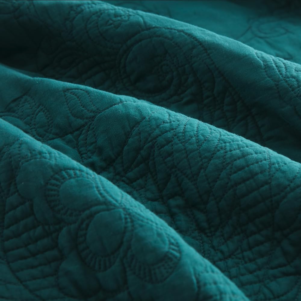 ENASAL Cotton Green Bedspread Quilt Bedding Sets King Size, 3 Pieces Reversible Comforters with Ruffle Edge Coverlets for All Seasons, Paisley Floral Stiching Pattern, Turquoise, King - Image 7
