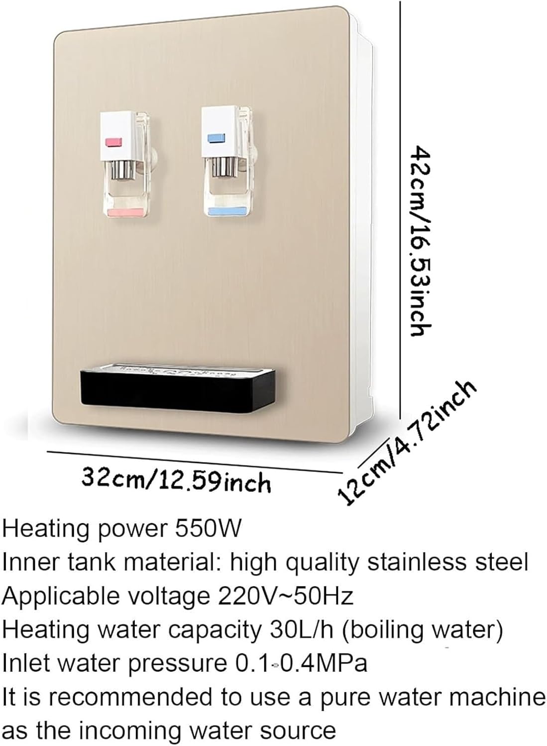 Wall Mounted Water Cooler Dispenser, Hot and Cold Water Dispenser，Heats Up in 3 Seconds，Cold and Hot 2 Temperatures，with Removable Drip Tray，Waters Fountains，for Commercial Tea Coffee