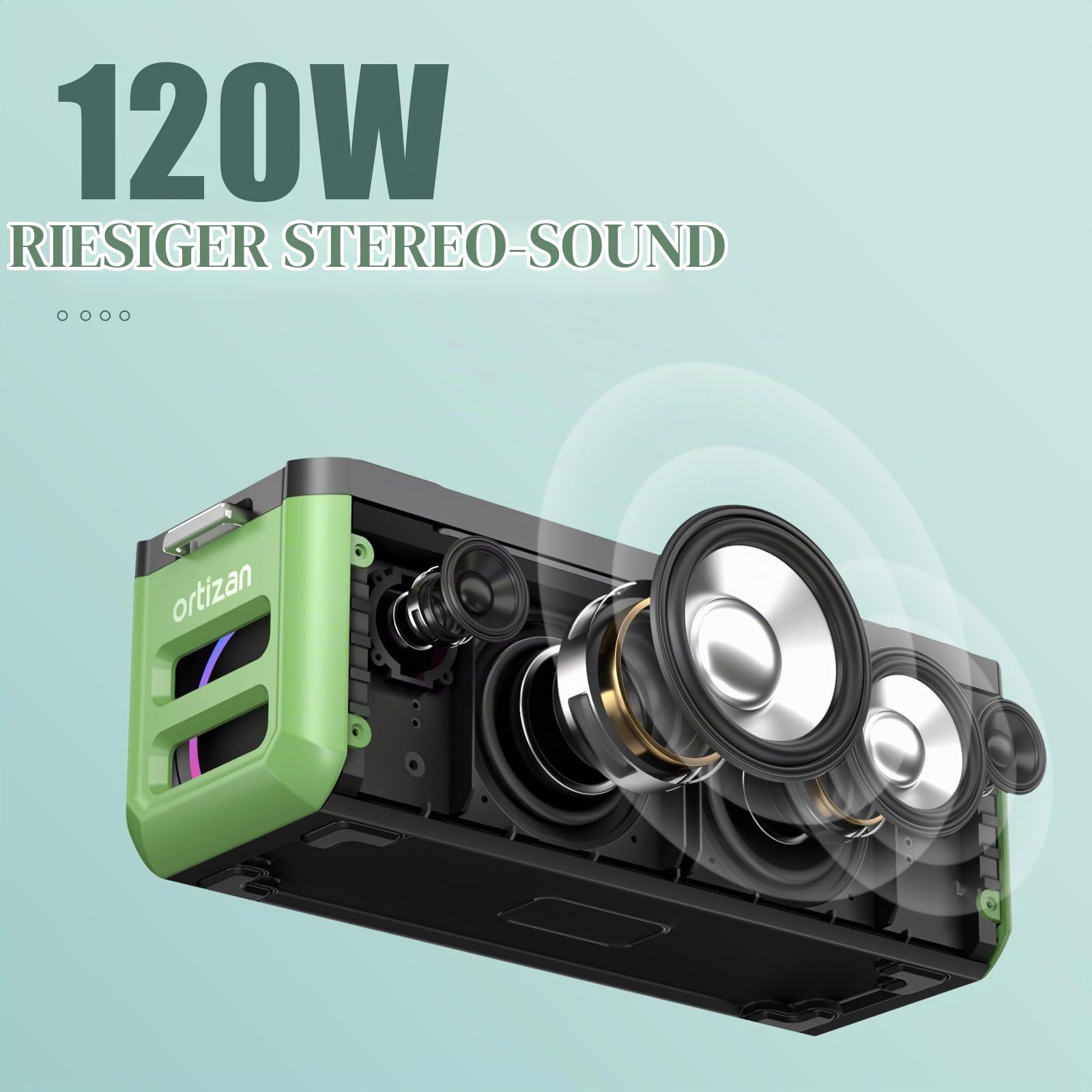 Ortizan Bluetooth Lautsprecher M10 Partybox Bluetooth Boombox, 100W Muiskbox mit IPX7 Wasserfest, LED Lights, Pro EQ, DSP, Power Bank, TF Card, AUX