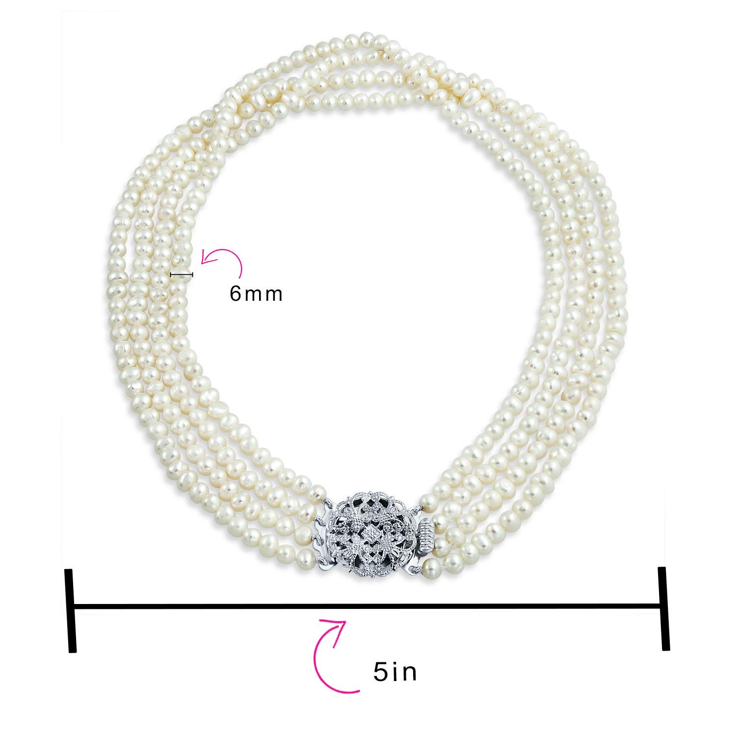 Antico Vintage Art Deco Style Ampia Dichiarazione Nuziale Quattro Multi Filo Bianco D'Acqua Dolce Coltivato Collana Di Perle Per Le Donne, Matrimonio Floreale Chiusura Placcato In Argento