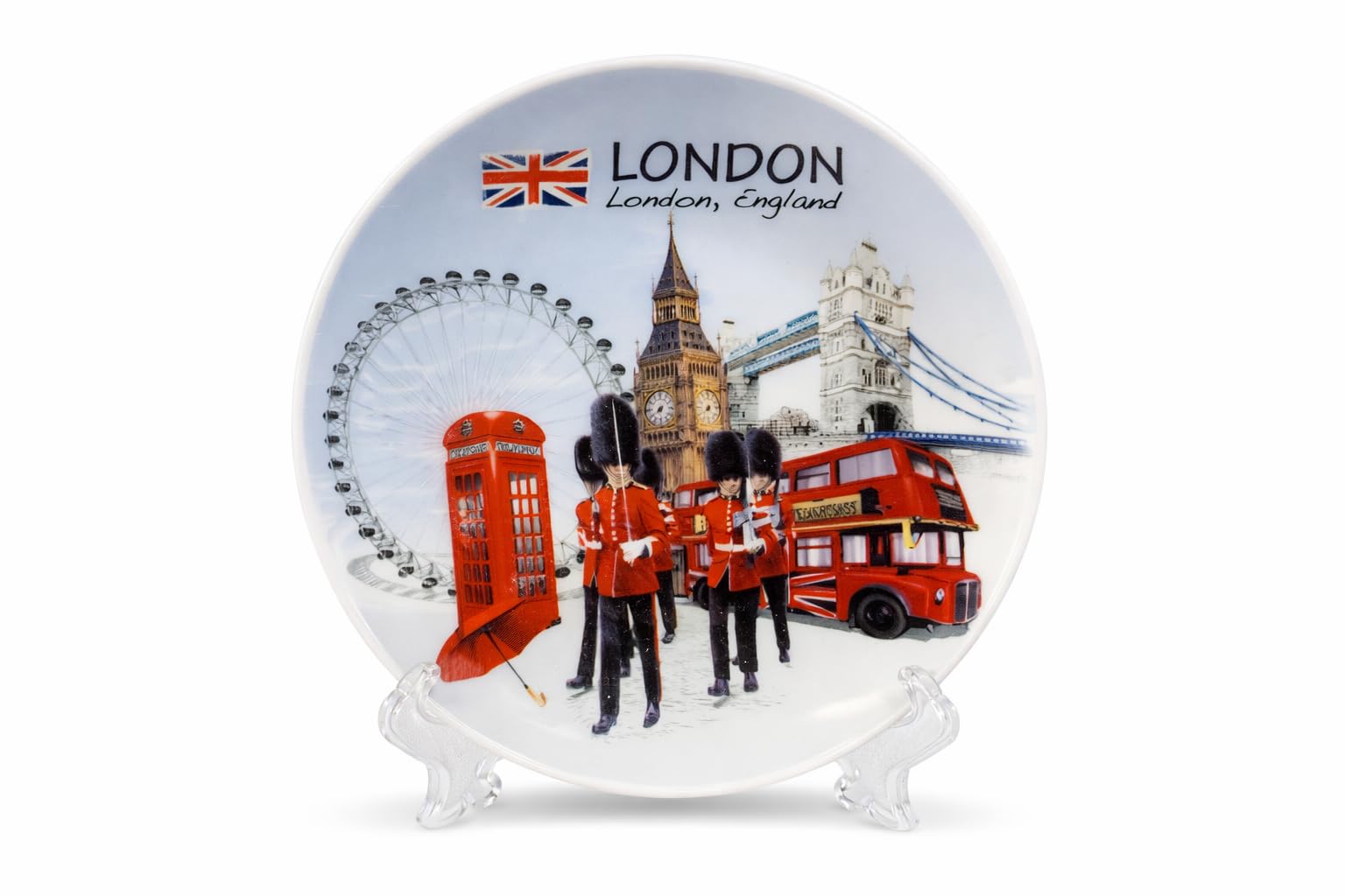 JRose Collections Piatto da esposizione in ceramica souvenir di Londra con supporto, piatto da collezione decorativo da 15 cm, con London Eye, Big Ben e Tower Bridge, memorabilia di viaggio nel Regno