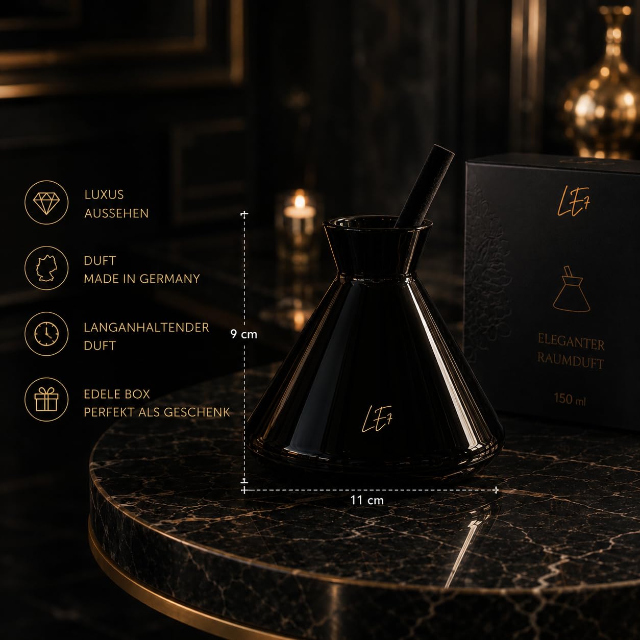 LE7 Reed Diffuser | Luxus Raumduft mit Stäbchen | 150ml Hochwertiges Duftöl & Edle Geschenkverpackung | Eleganter Raumduftspender für Wohnräume, Büro & Badezimmer (Vanille-Tonka)