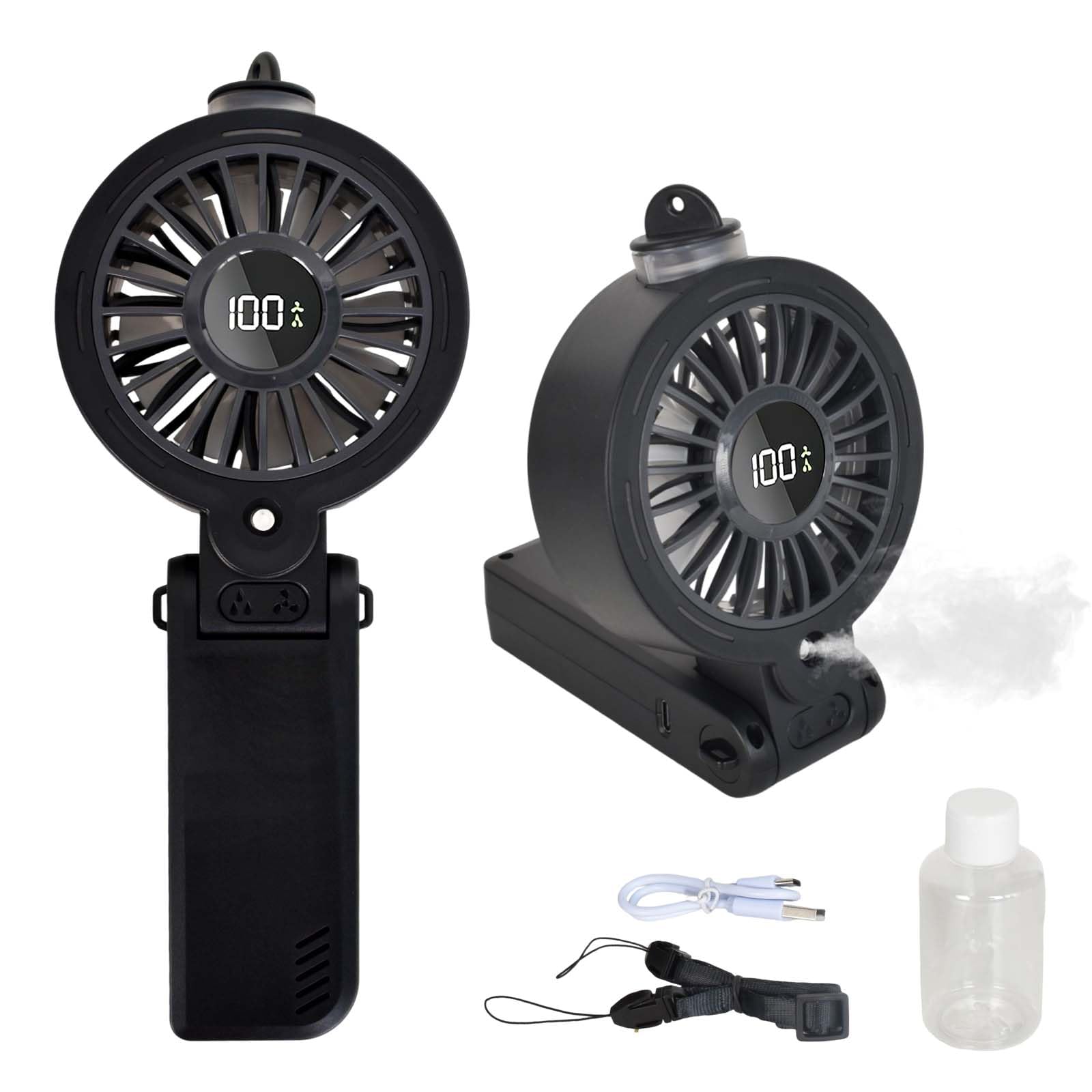 Ventilatore portatile, mini ventilatore nebulizzatore con schermo a LED e 100 velocità, ventilatore USB ricaricabile da scrivania, pieghevole, silenziatore da collo per casa, ufficio, viaggi (nero)