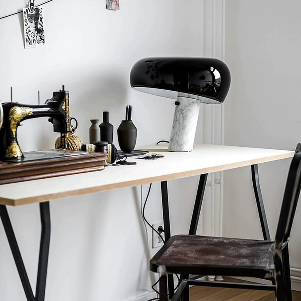 Simple Bedside Mushroom Table Lamp,E26 Modern Industrial Table Lamp, Unique Bedside Nightstand Desk Lamp with Metal Shade and Marble Base for Bedroom,Living Room,Office Study, Decoration Gift