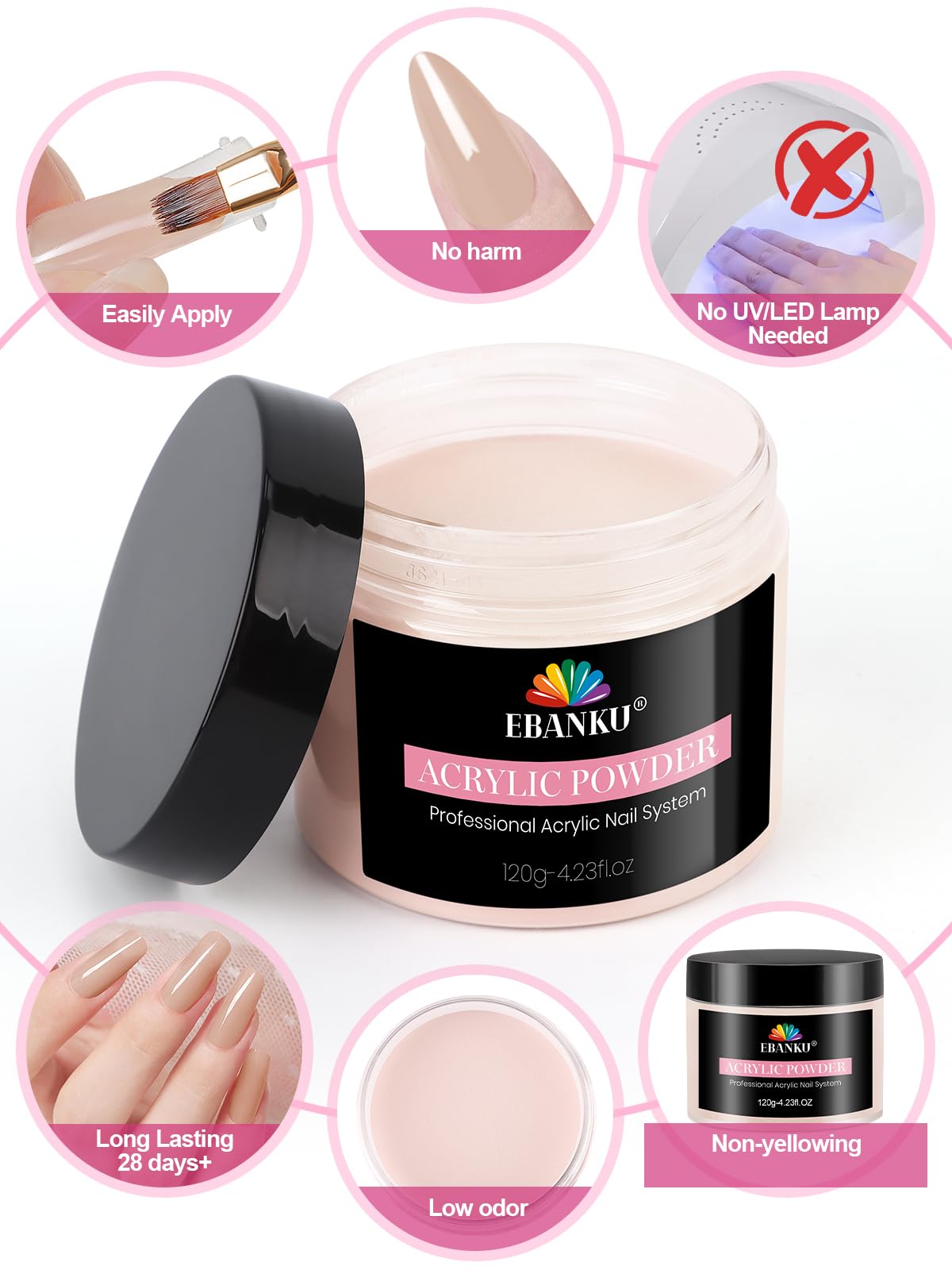 EBANKU Polvere acrilica per unghie rosa nude, 120 g, polvere acrilica professionale per extension per unghie, 3D Art Carving French manicure, forte adesione, facile da modellare a lunga durata, non