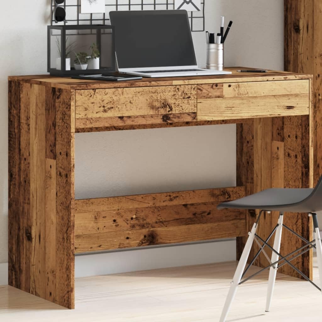 Escritorio con aspecto de madera envejecida, 101 x 50 x 76,5 cm, material de madera con 2 cajones, para oficina en casa, estudio, superficie lisa, mesa de trabajo estable