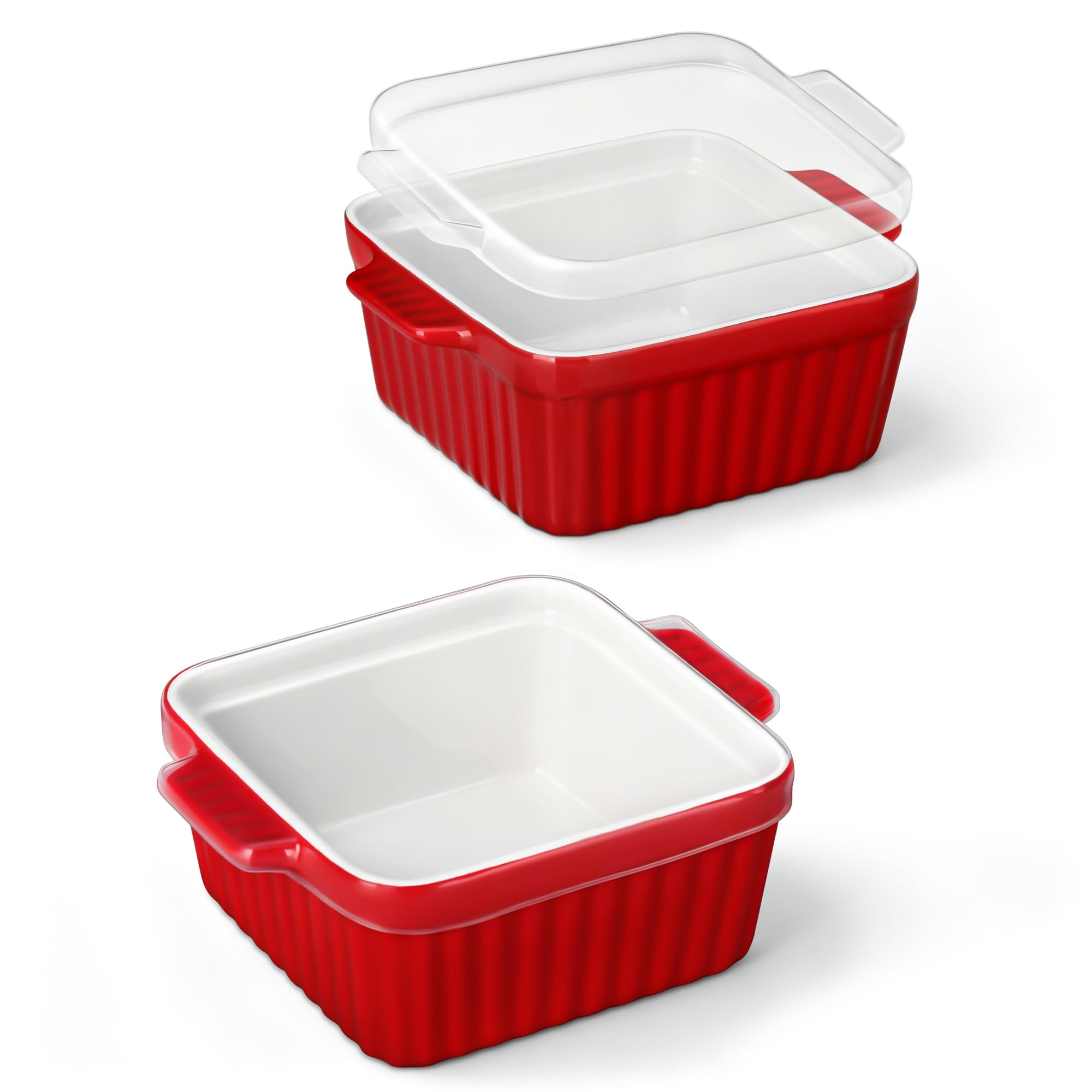 MALACASA Baking Dishes for Oven, Small Ceramic Baking Dishes with Silicone Covers for Individual Portions, Set of 2, Red