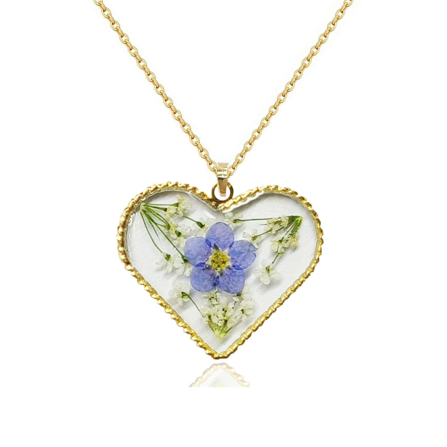 CJGMTForget-Me-Not and Queen Anne's Lace Handmade Pressed Flower Necklace,14k Gold Heart Locket Gift for Women Jewelry,Real Flower Necklaces with Adjustable Extender 16-18”,Mother's Day Gfts