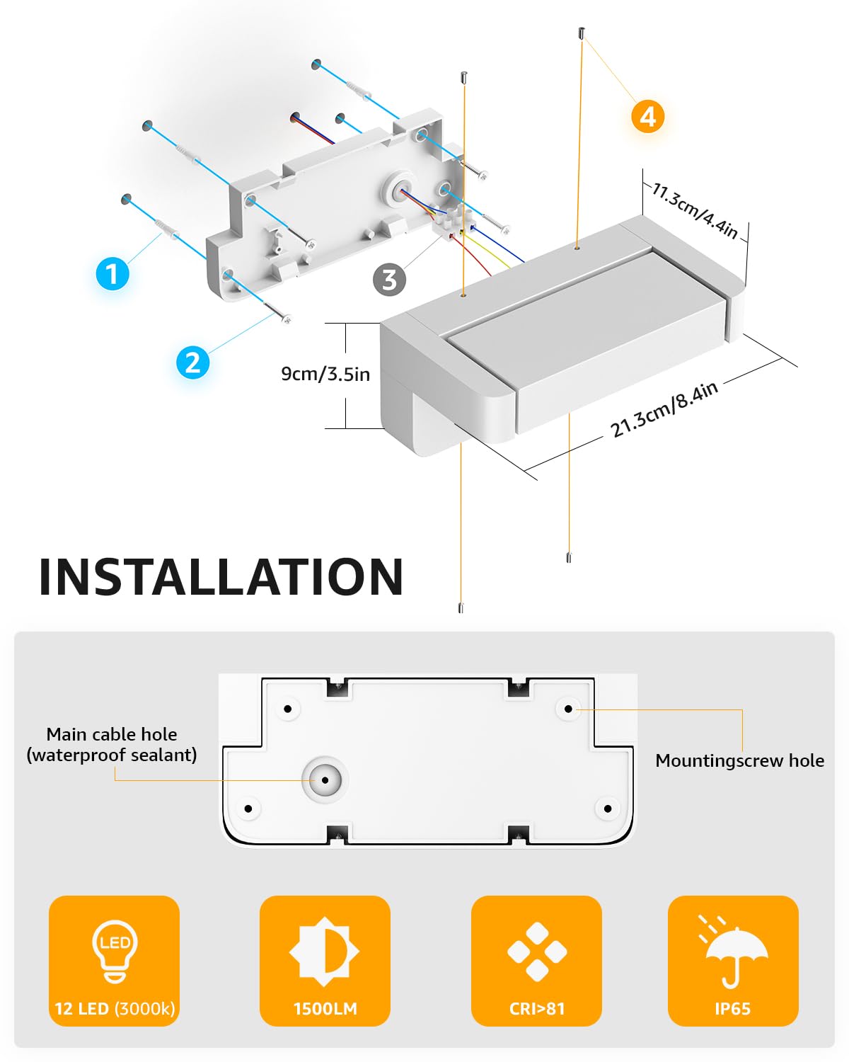 Aipsun Applique LED Extérieur 24W - Panneau Ajustable 350° en Aluminium, IP65 Blanc, 1500 Lumens, 3000K, pour Garage, Terrasse, Jardin