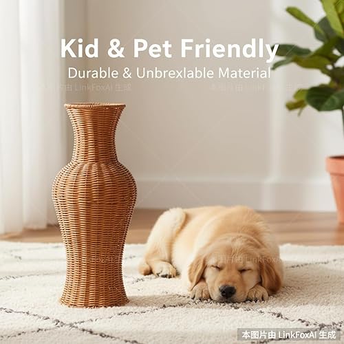 Miniatura 4 de TEHAUX Jarrón de mimbre tejido de ratán, jarrón de mimbre hecho a mano de 17 pulgadas de alto para flores secas y hierba de pampas, suelo rústico de