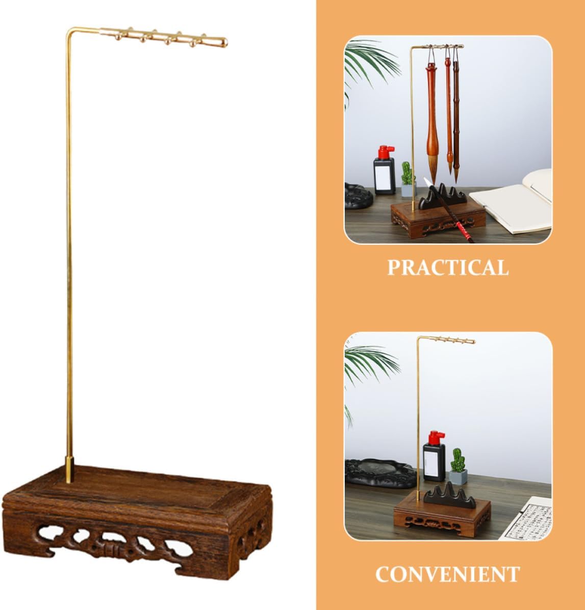 Xmas Writing Brush Rack for Home Office Desktop Brown Wooden Brass