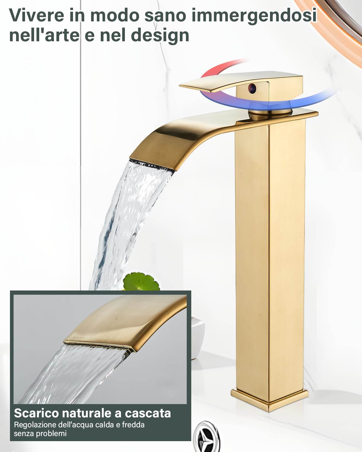 JUNSHENG Robinet de Salle de Bain à Cascade,Robinet Mitigeur de Salle de Bain à Cascade à Trous, Cartouche Céramique, Finition Dorée Brossée