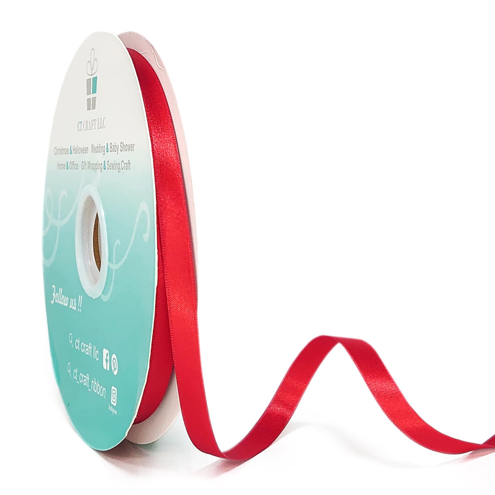 CT CRAFT LLC Double Face Satin Solid Ribbon 3/8 Inch x 100 Yards Red for Christmas Home Decor Wedding Bouquet Gift Wrapping DIY Crafts Hair Bow Scrapbook Invitation Card