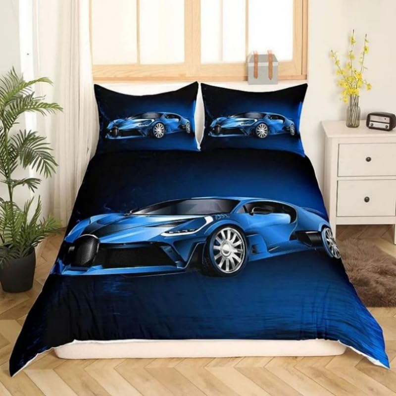 Housse de couette 240x260 voiture de sport bleu marine en microfibre avec 2 taies d'oreiller
