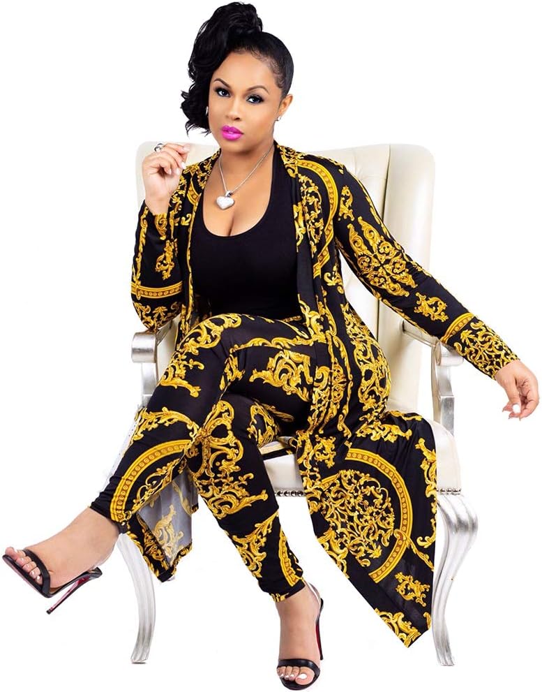 Women 2 Piece Outfits Floral Long Sleeves Open Front Cardigan Cover up with Leggings High Waist Long Pants Set (Gold, 2XL)