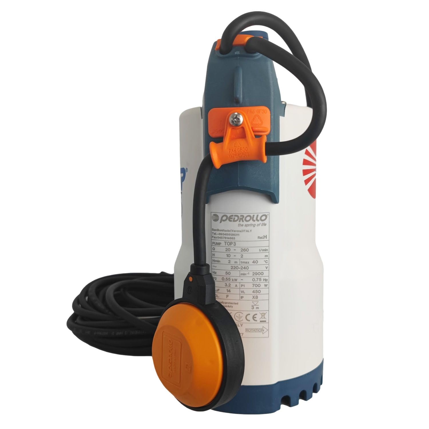 Pedrollo Top 3 Pompa di Sollevamento Acqua Pioggia Galleggiante Integrato 220v 9.6 M3/h 0.55 Kw