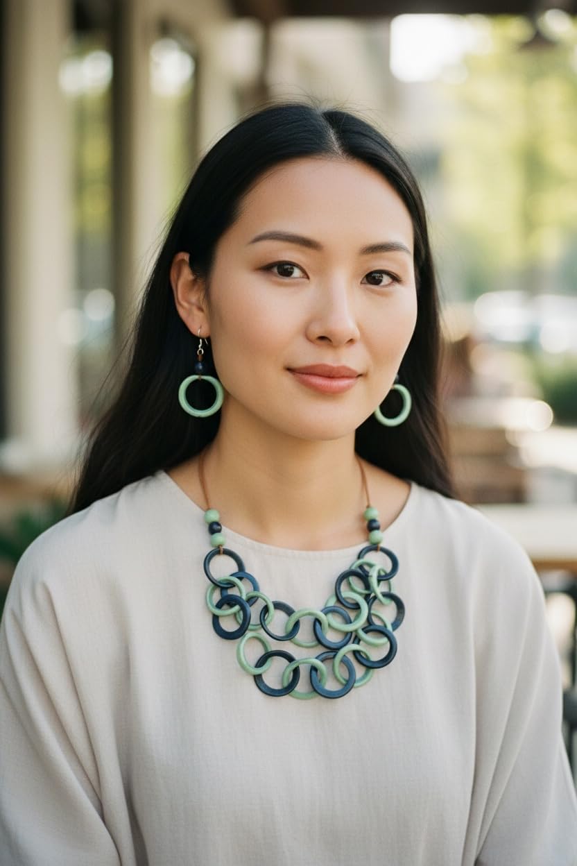 Tagua necklace in blue, aqua TAG787, tagua nut jewelry, 2 strands bib necklace