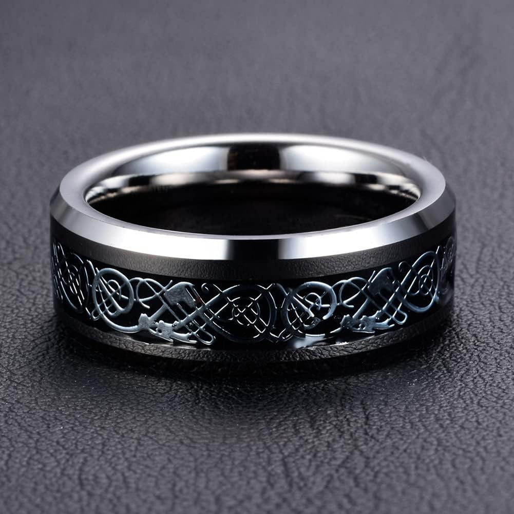 Men's Celtic Dragon Ring 8MM Silver/Black/Blue/Red/Gold Carbon Fiber Stainless Steel Wedding Band for Men Women Engagement Bands High Polished Beveled Edges Promise Rings Comfort Fit Size 5-13 - Image 9