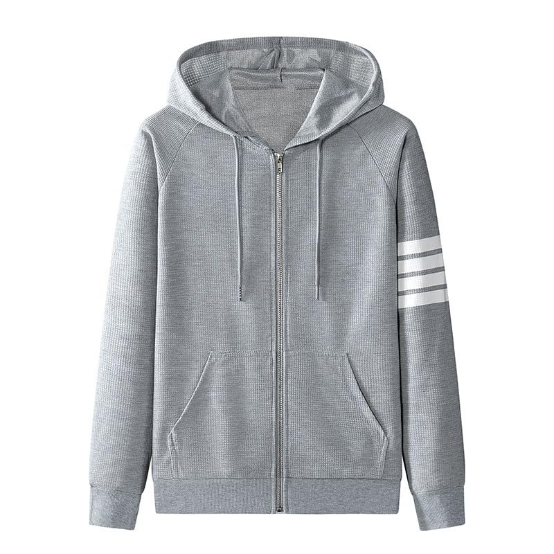 Men's Jacquard PlaidCloth Hoodies Sweatshirt Striped Drawstring Hooded Full-Zip Cardigan Slim Fit Jacket