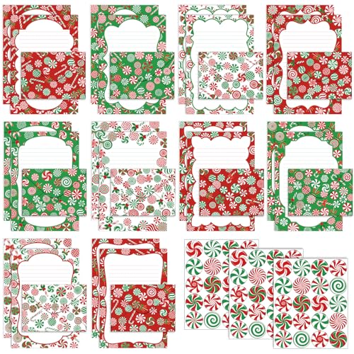 Image of TaoBary 160 Pcs Stationery Paper Set 50 Double Sided Stationery Papers with 50 Matching Envelopes and 60 Round Dot Sticker, 10 Design(Christmas Candy,5.5 x 8.25 Inch)