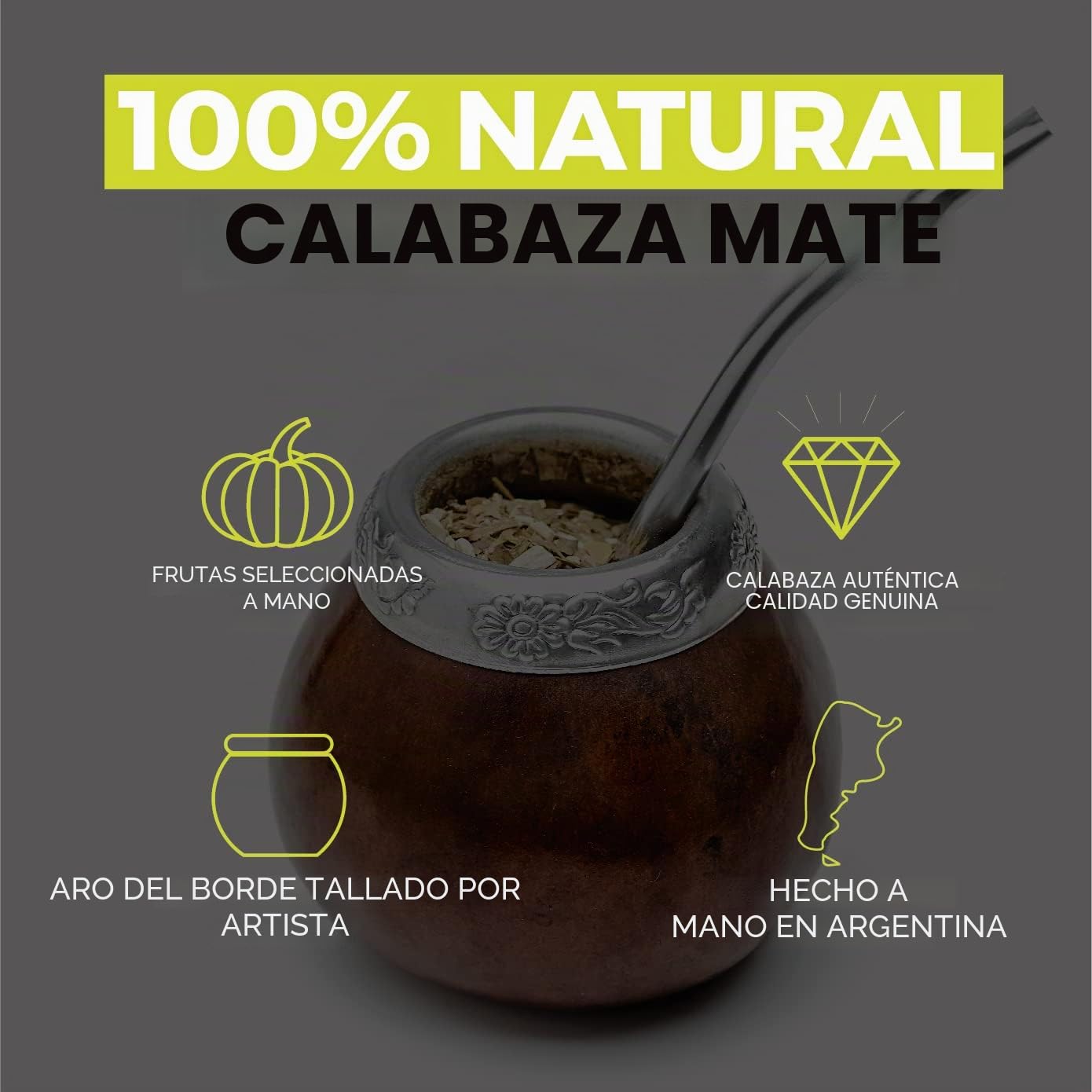 BALIBETOV Kit Mate Argentino - Set de Mate de Calabaza Natural Hecho a Mano en Argentina - con Bombilla (Sorbete) para Yerba Mate (Marron Oscuro)