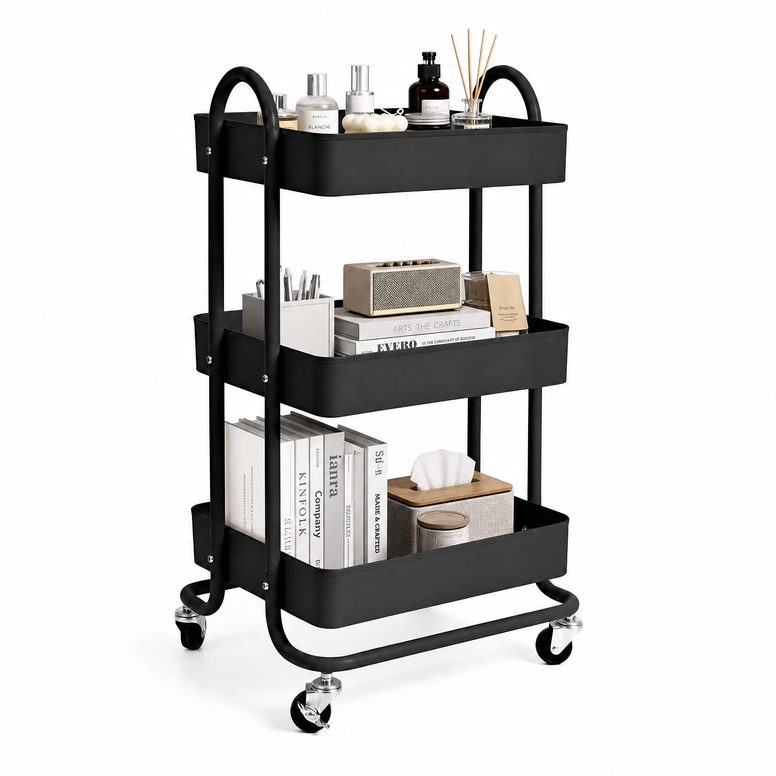 Levede 3 Tier Black Metal Trolley on Wheels – Rolling Steel Utility Cart & Shelf Organiser for Kitchen, Bathroom, Office