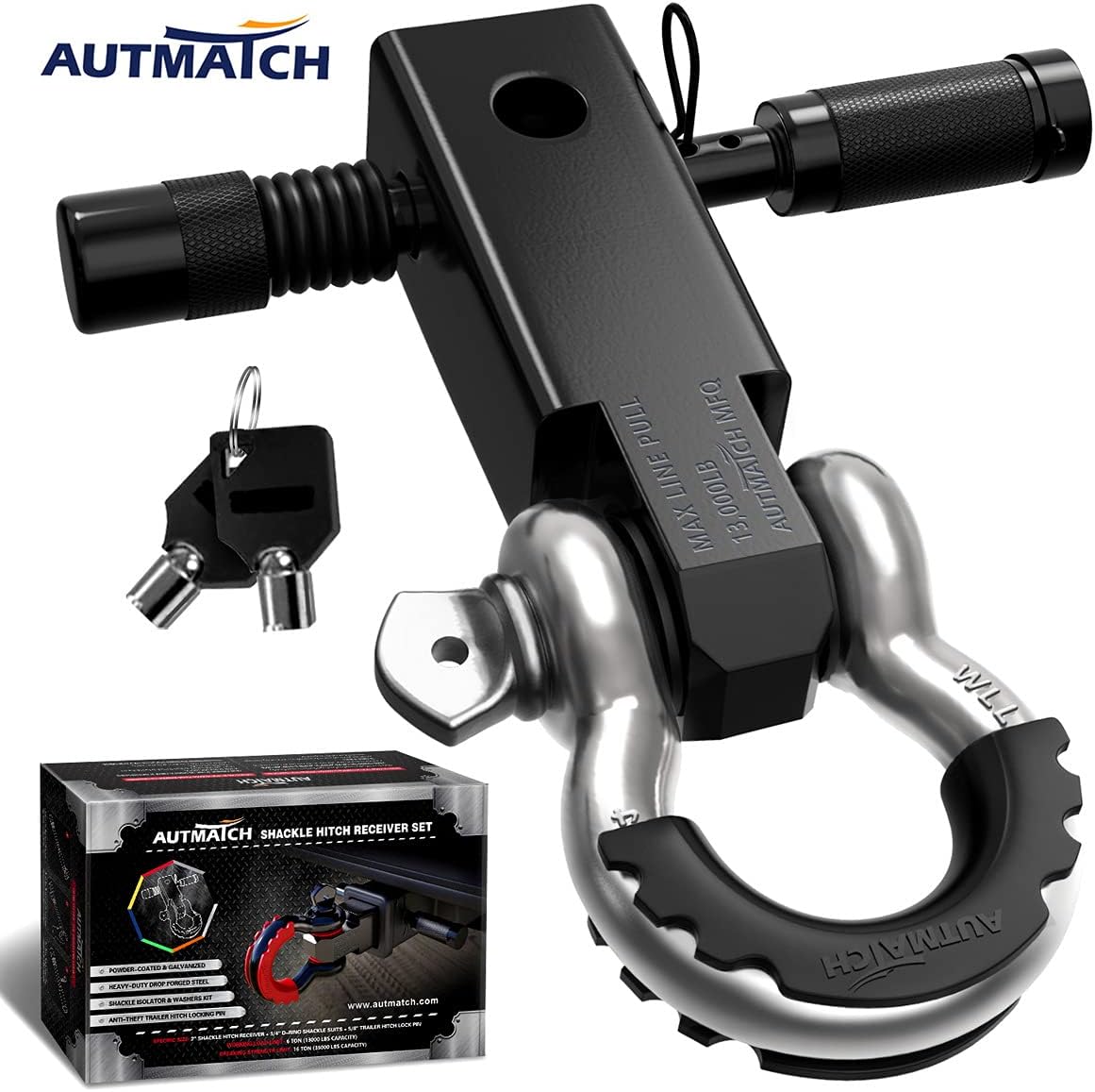 AUTMATCH Shackle Hitch Receiver 2 Inch - 3/4" D Ring Shackle and 5/8" Trailer Hitch Lock Pin, 45,000 Lbs Break Strength Heavy Duty Receiver Towing Kit for Off-Road Vehicle Recovery, Black & Silver