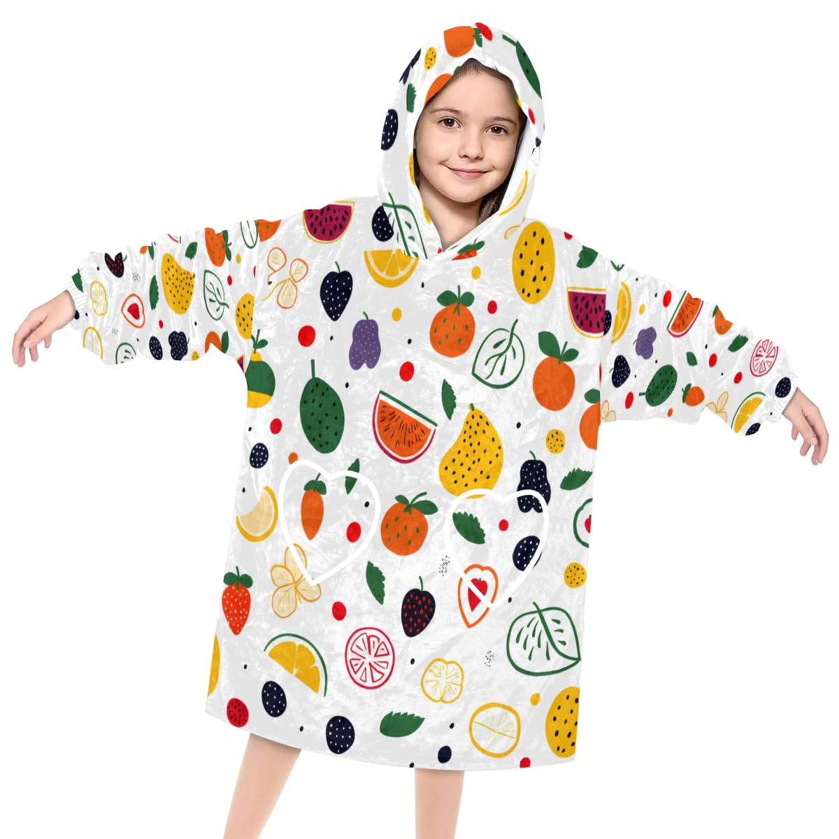 Pardick Wearable Blanket Hoodie for Kids, Colorful Fruits Fleece Sweatshirt Blanket Oversized Blanket Sweatshirt with Pocket Flannel Warm Hooded Blanket 6-10 Year Old Girl Boy Gift, One Size
