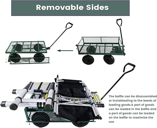 Miniatura 3 de MISRFEYU Carro de jardín utilitario resistente con bomba de neumáticos carrito de malla de acero con lados extraíbles adecuado para patios granjas