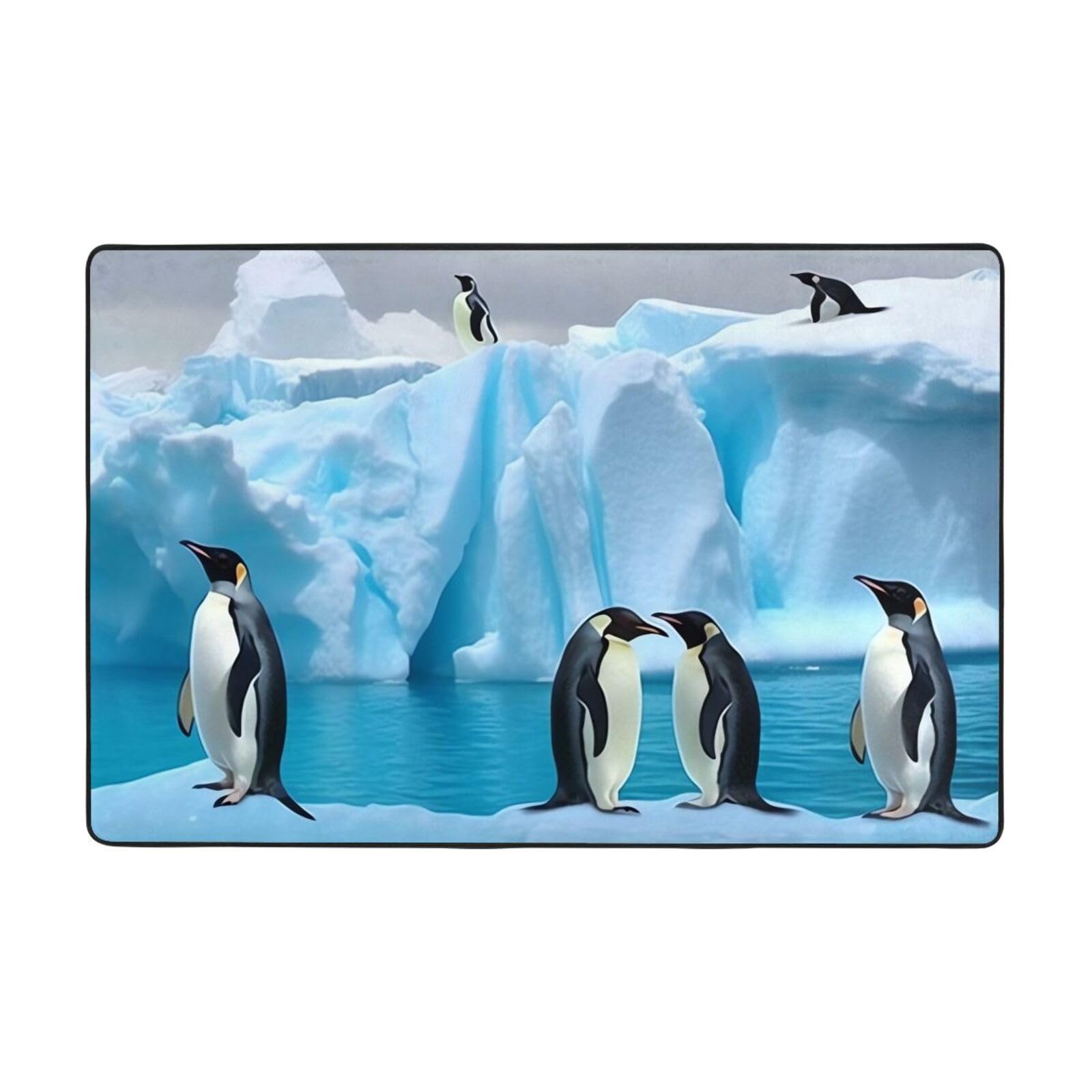 Tapis de salon pingouins sur iceberg en peluche douce lavable et antidérapant 91x61 cm