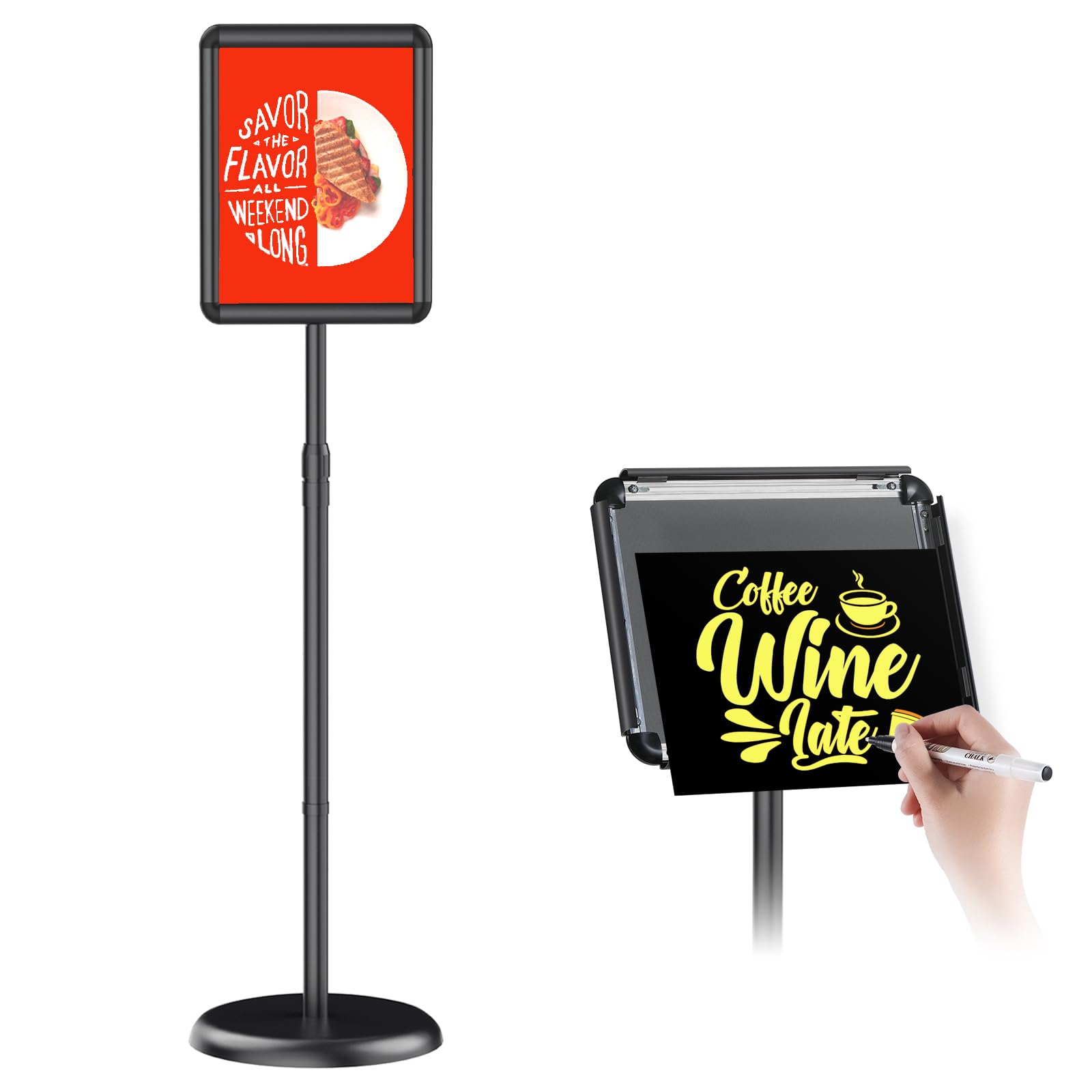 Adjustable Pedestal Floor Stand Sign Holder for 8.5*11 inches Poster or chalk board, Snap open frame,360° Rotation,Outdoor Indoor Standing Display Sign Holders for advertising ,Black