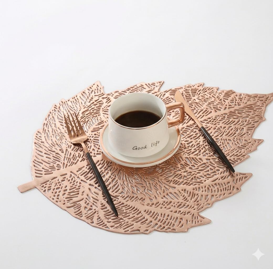 Leaf Shape Dining Table Placemats PVC Mats (4, Rose Gold)