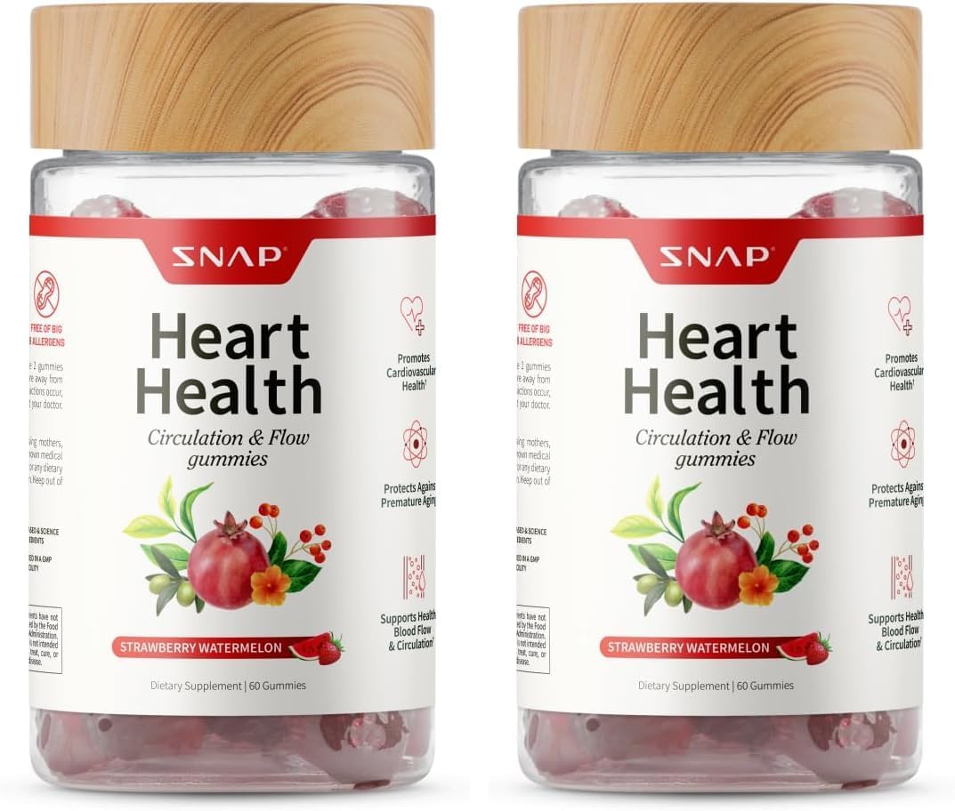Snap Supplements Heart Health Gummies, Blood Circulation Supplements, CoQ10 Heart Health Supplements, Blood Flow Supplement, Sugar Free, 60 Gummies (Pack of 2)