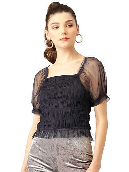 Buy Rue Collection Women Navy Blue Square Neck Puff Sleeves Net Fitted Crop  Top (X-Small) at Amazon.in