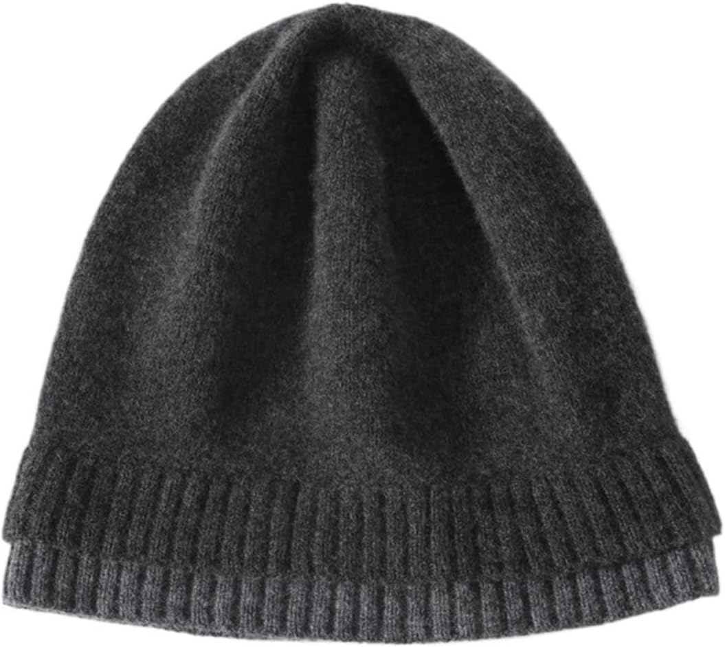 Wool Knit Caps Fashion Double Layer Hem Deco Unisex Beanies Wool Warm Hat Soft Cozy Spring Outdoor Casual(Dark Grey)