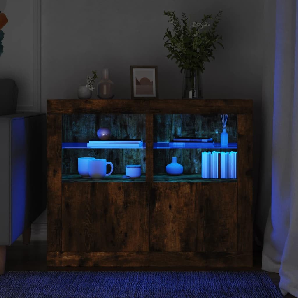 Armadietti con Luci LED 2pz Rovere Fumo in Legno Multistrato,Credenza Moderna a Anta con Luci LED e Mensole in Vetro, Mobile Multiuso in Legno con Finitura Lucida