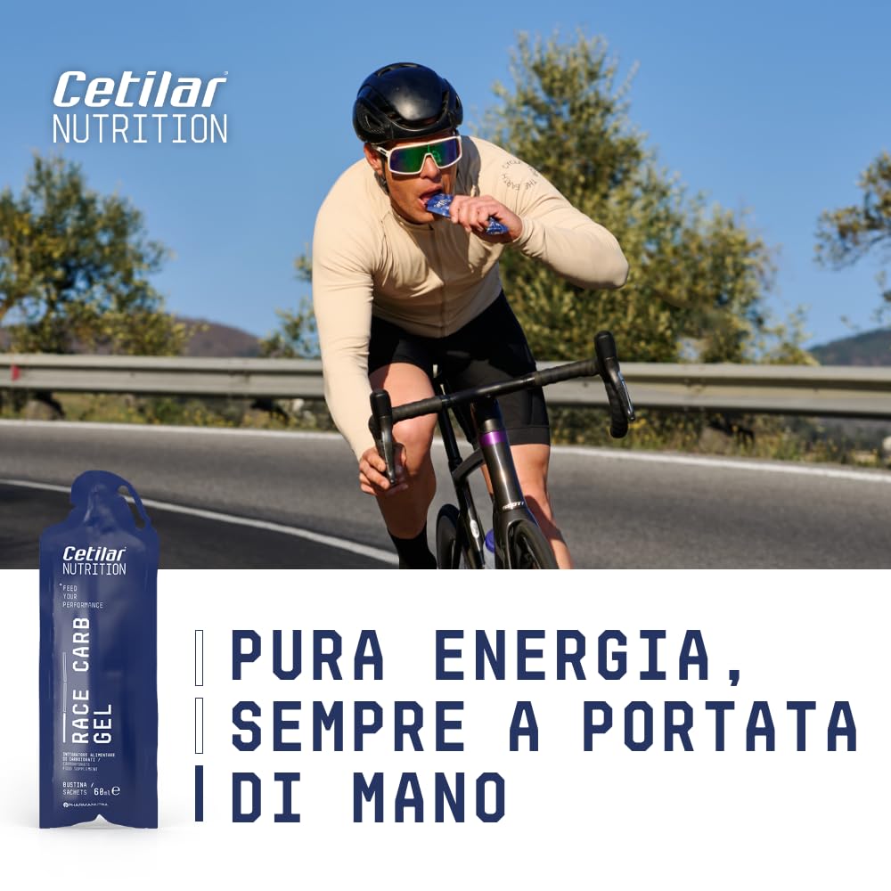 Race Carb Gel, Integratore di carboidrati (40g), rapporto tra maltodestrine e fruttosio di 1:0,8, Per Sport a media-alta intensità, 10 Gel da 60ml, Sapore agrumato, Cetilar Nutrition