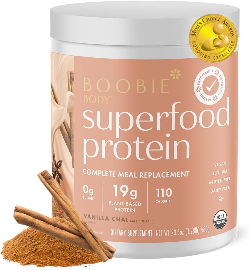 Boobie Body Superfood Protein Pregnancy and Postpartum Meal Replacement Shake, Vanilla Chai Flavor | 19g Protein | Safe for Lactation & Motherhood | Organic, Vegan, Zero Sugar, 1 Tub (20 Servings)