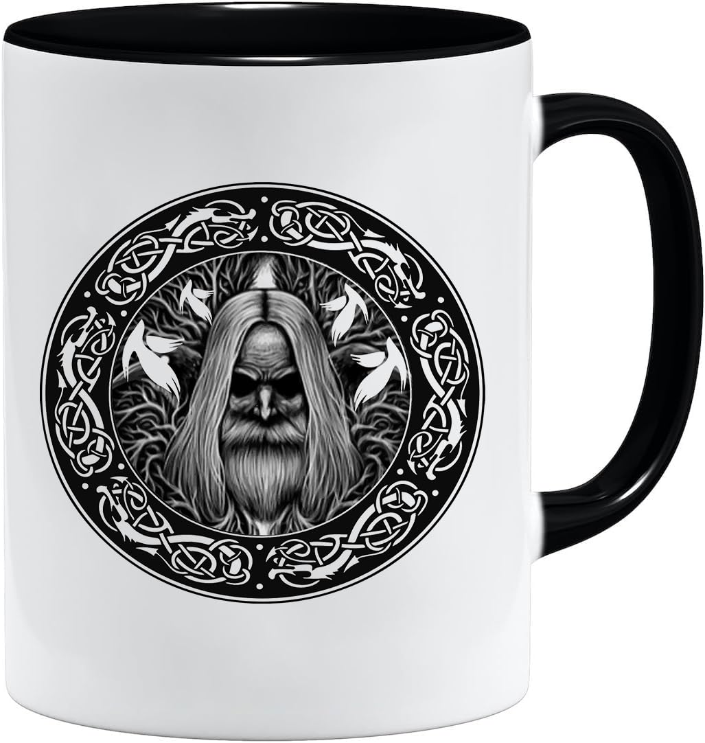 Jungle Mug Taza vikinga nórdica, idea de regalo para hombres mayores, papá, abuelo, taza de café, diseño vikingo, cránea, jarra de cerveza Thors Hammer (VIKING014)