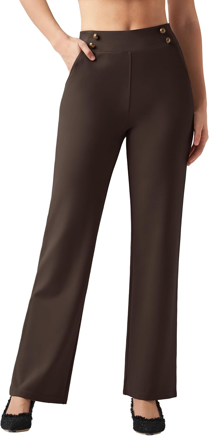 Willit Women's Wide Leg Dress Pants High Waisted Stretch Work Pants Office Business Casual Slacks Pockets Short Deep Brown S - Image 2