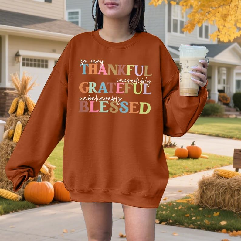 ALLTB Thankful Grateful Blessed Sweatshirt Women Thanksgiving Oversized Long Sleeve Pullover Fall Crewneck Tee Tops - Image 3