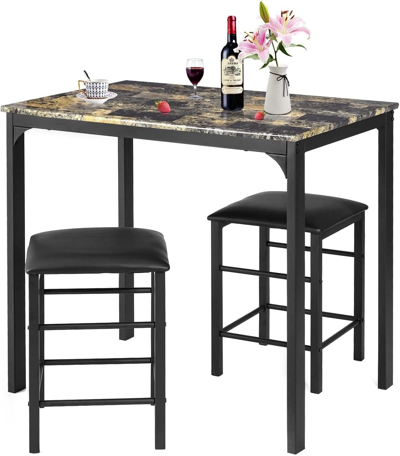 LDAILY LUARANE 3 Pieces Dining Table Set, Modern Bar Table Set with 2 PU Leather Bar Stools, Pub Dining Counter Height Table Set for Living Room Dining Room Restaurant (Black + Beige)