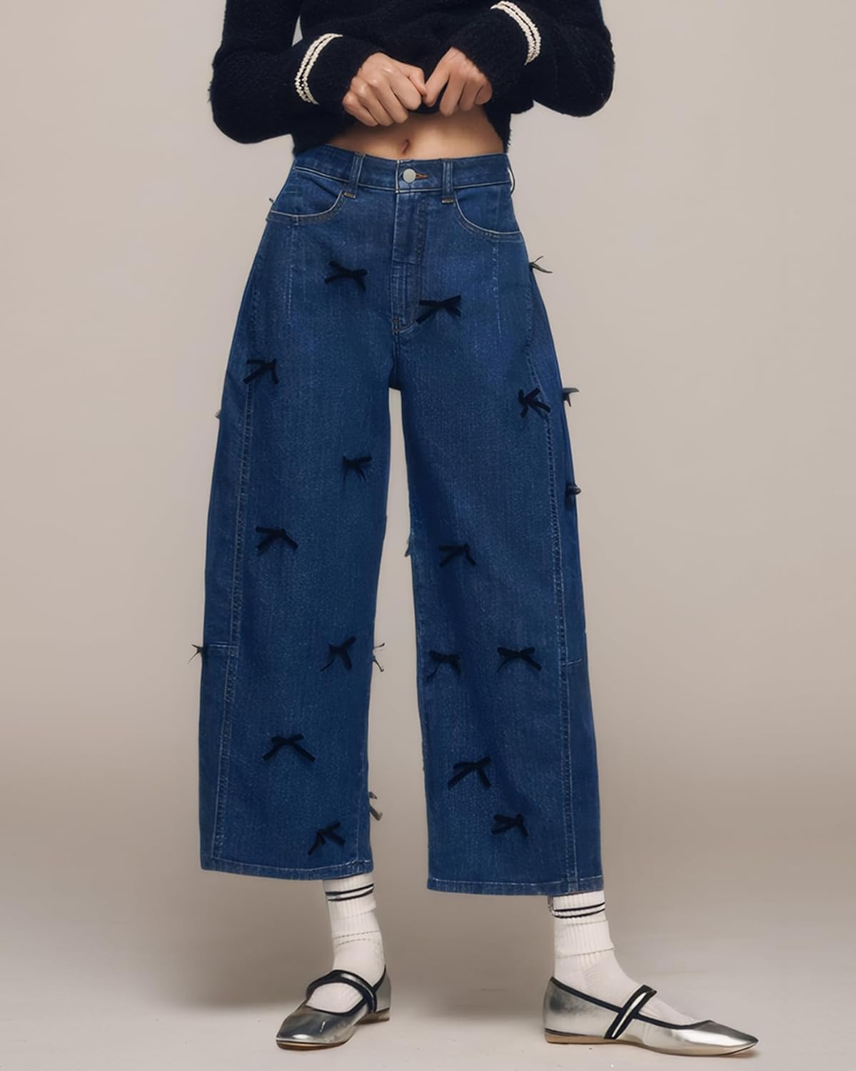 Kedera Mid Rise Barrel Jeans for Women Y2K Wide Leg Denim Pants Baggy Boyfriend Jeans with Bows - Image 3