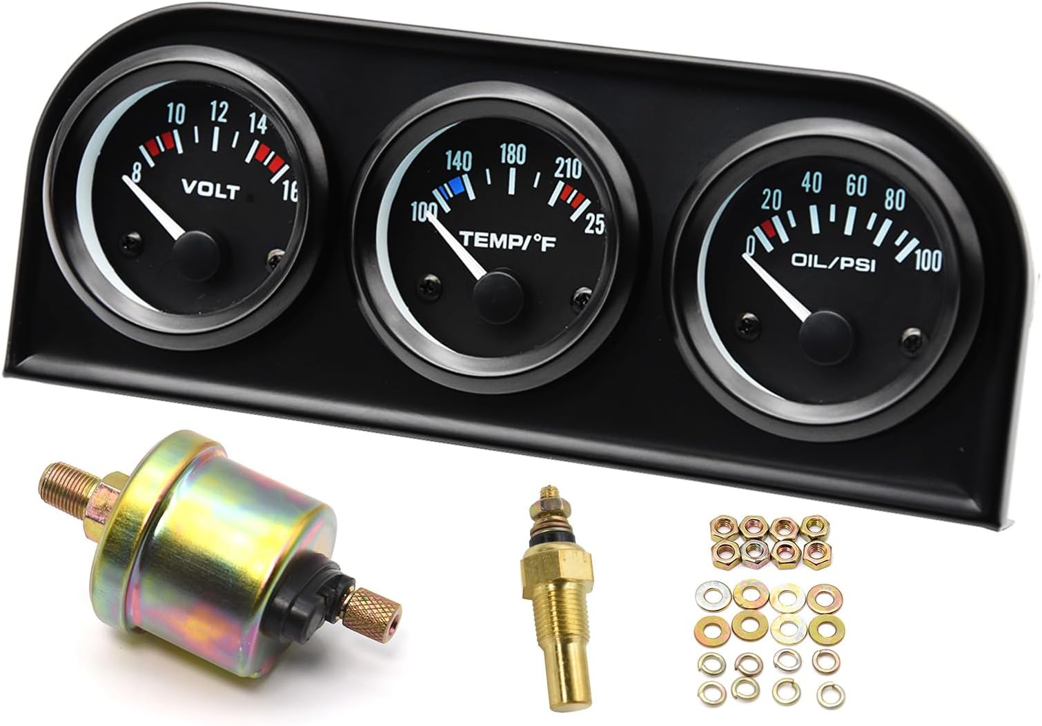 Triple Gauge Set (8-16V Volt Meter +100-250℉ Water Temperature Gauge+ 0-100 psi Oil Pressure Gauge) 2'' 52mm 3 in1 Car Auto Gauge Kit Dashboard Black Console for 12V Cars (Black)