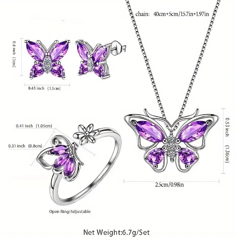 Butterfly Crystal Jewelry Set with Butterfly Necklace Stud Earrings Adjustable Ring for Women Dainty Butterfly Jewelry Gifts3