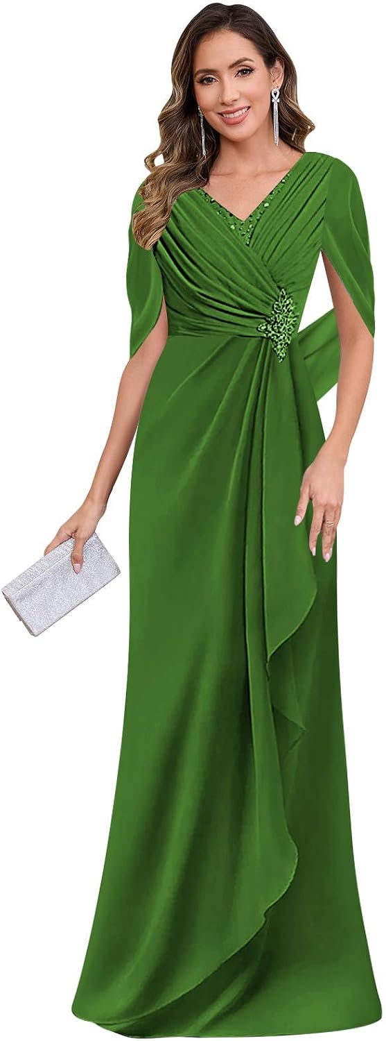 Women's Cap Sleeve Mother of The Bride Dresses V-Neck Chiffon Long Formal Evening Party Gown